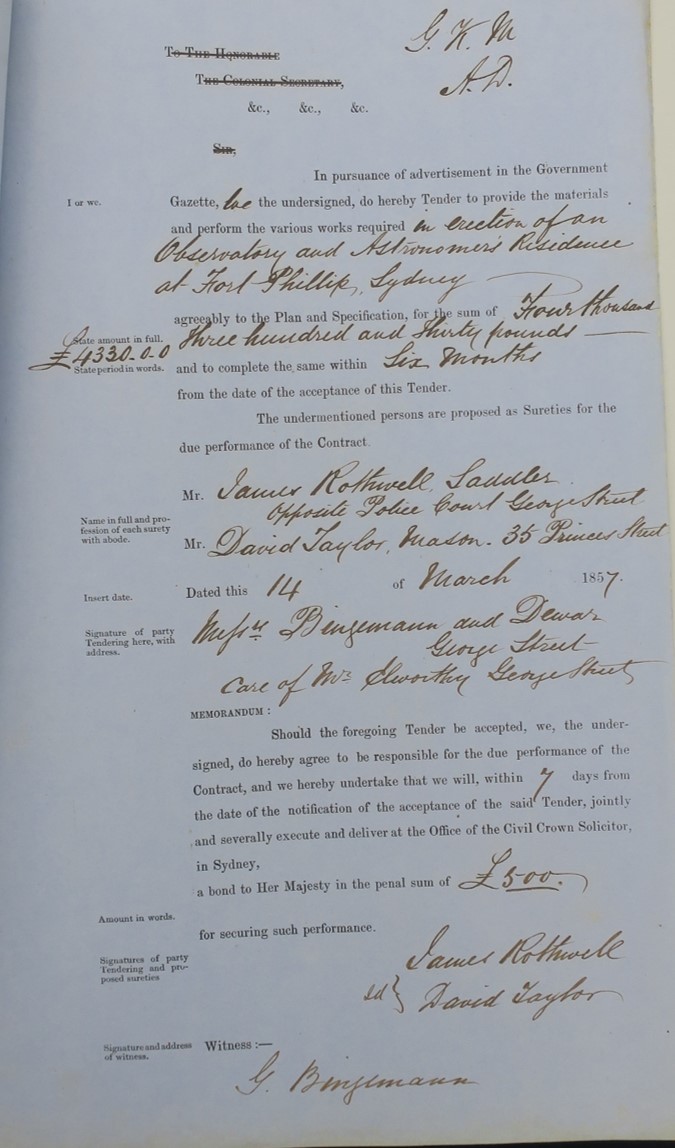 Tender document submitted by Charles Bingemann and Ebenezer Dewar for the contract to build Sydney Observatory. Document courtesy of NSW State Archives 